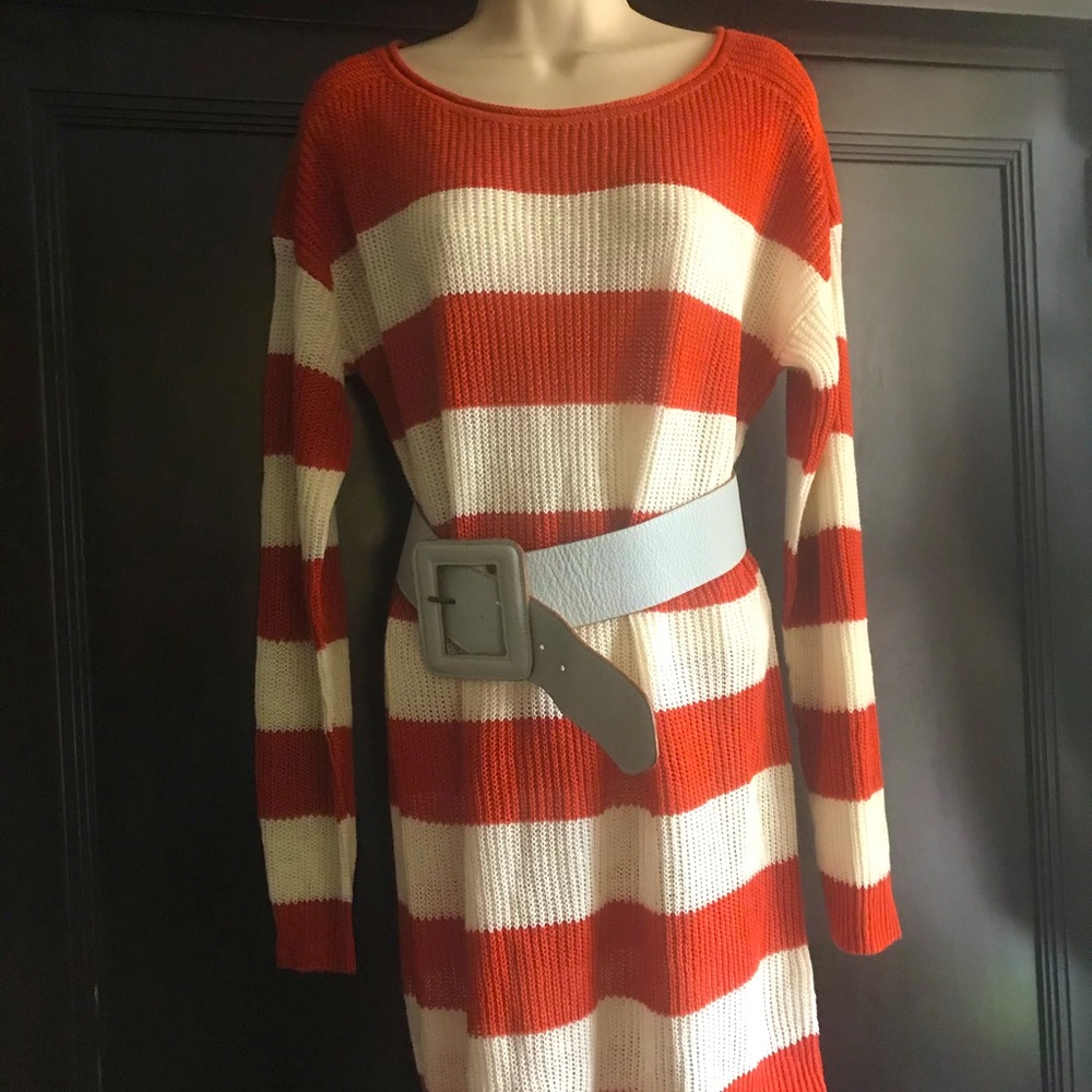 Roberta Freymann Sweater Dress Orange White Stripe Linen New with tag, gift idea
